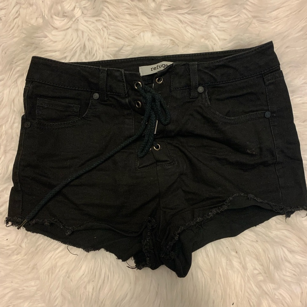 black jean shorts with lace tie